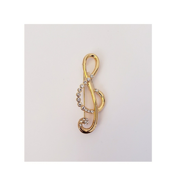 Jewelry - Vintage Style Rhinestone & Gold Tone G Clef Musical Note Brooch